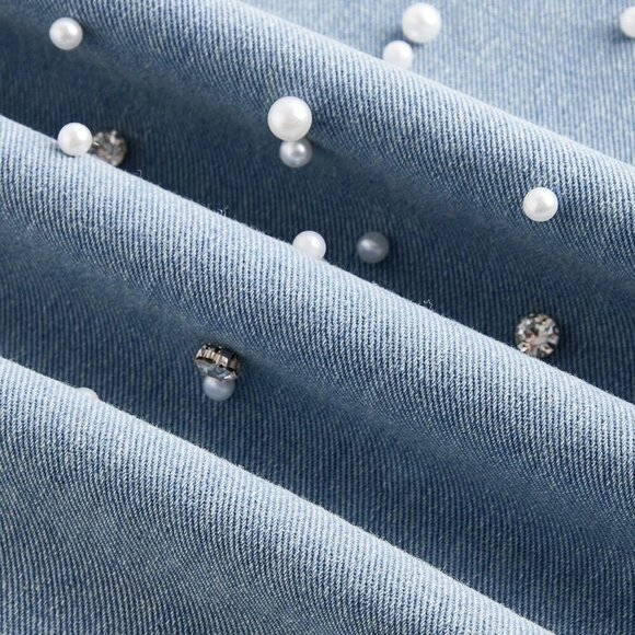 Blue Casual Women's Front Button Pocket Faux Pearl Decor Denim Jeans - Picture 3 of 4